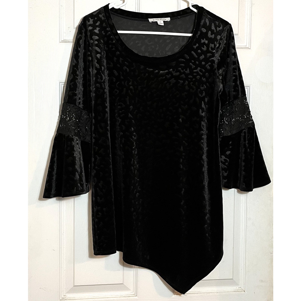 Black Velvet Burnout Top Lace cutouts Bell Sleeves Whimsigoth Asymmetric y2k Sm